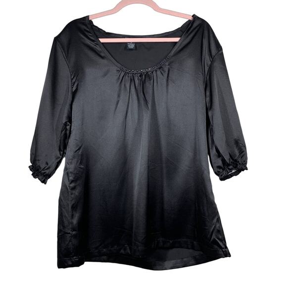 STONEY TYLER Black Silky 3/4 Sleeve Embellished Collar Blouse Size 14 - Picture 1 of 7